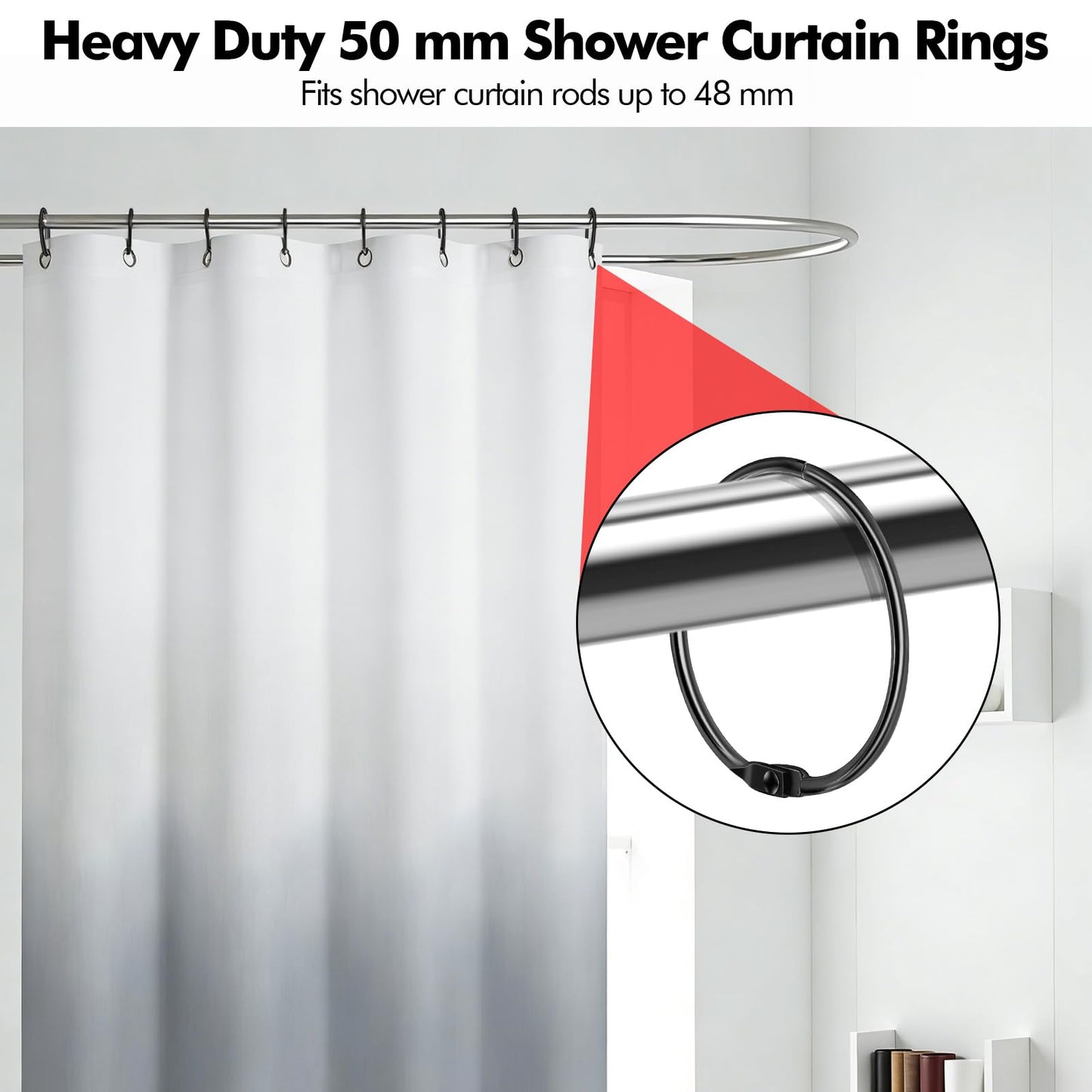 Lunhoo 20-Pack 50 mm Shower Curtain Rings, Shower Curtain Hooks, Multi-Purpose Round Clips, Large Metal Binder Ring, Key Ring (Black)