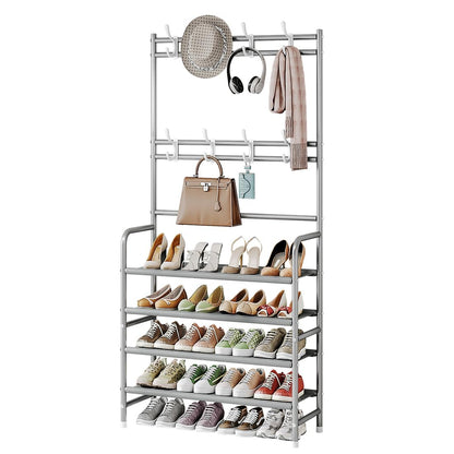 Dazioter Coat Rack Shoe Rack With Storage Shelf Freestanding with 8 Hooks for Entryway Bedroom Grey, 4Tier