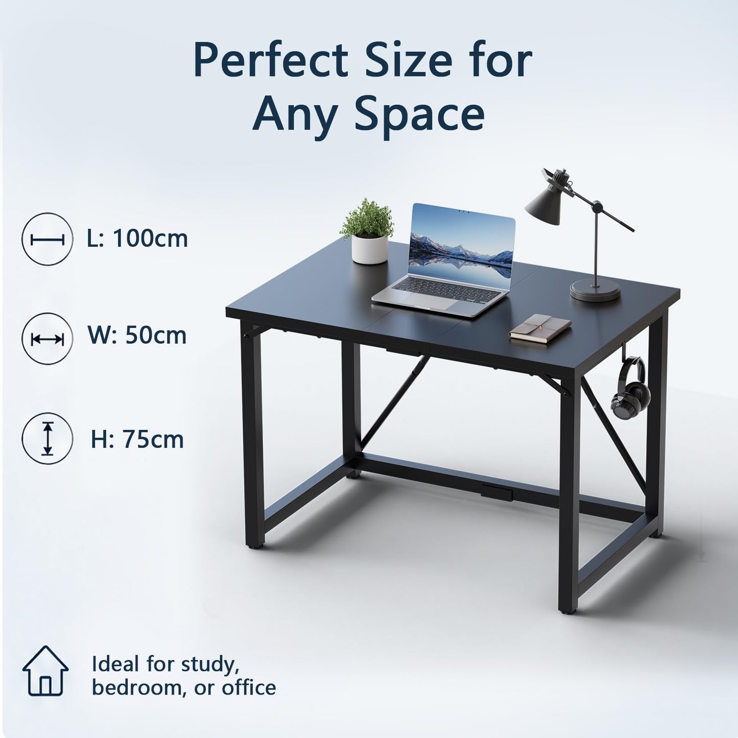 JUMMICO 100×50cm Computer Desk, Compact Home Office Writing Desk, Small Study Laptop Workstation for Limited Space, Quick Assembly, Metal Frame, Black