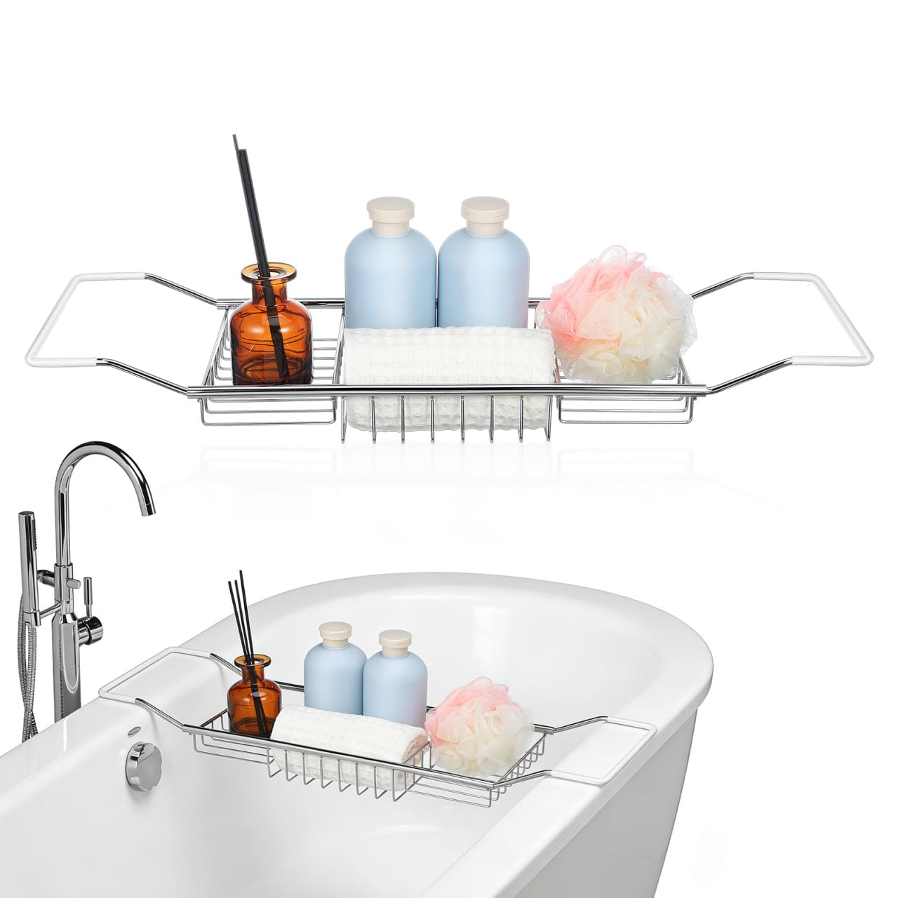 Cabilock Stainless Steel Telescopic Bathtub Rack Non-slip Design Expandable Bath Tray for Phone and Accessories for Home Use in Bathrooms