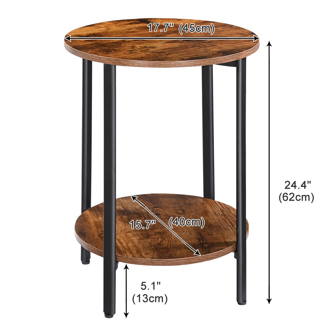 H JINHUI 2-Tier Round Side Table, Industrial End Table, Bedside Table, Sofa Table with Metal Frame, Coffee Table with Storage, for Living room