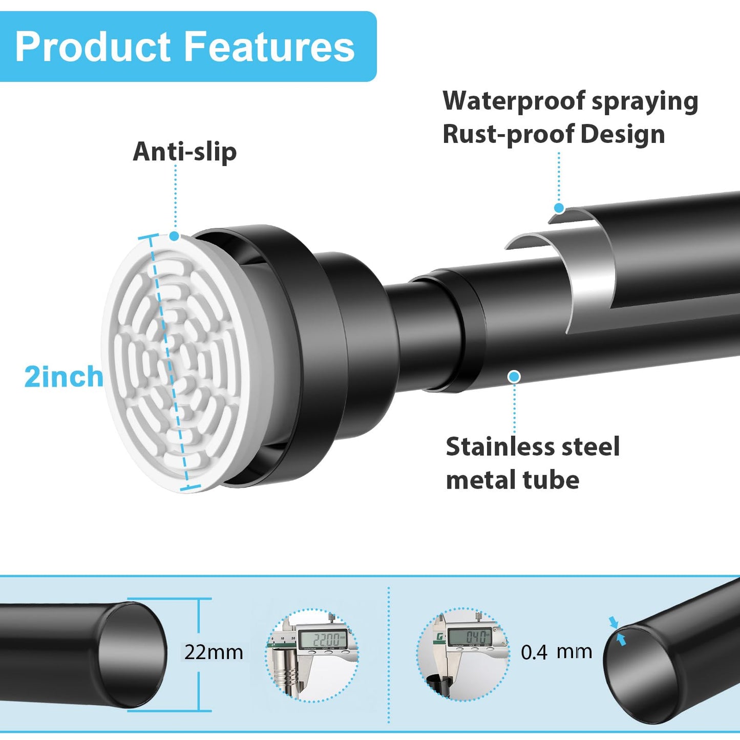 2PCS WEIXINHAI Shower Curtain Pole,Extendable Curtain Poles 79-195 Cm,Shower Poles Extendable No Drill,Shower Curtain Rail Non-Slip,Black Shower Pole