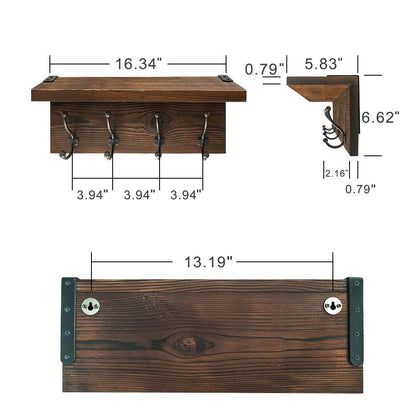 Kolymax Rustic Coat Rack Wall Mounted, Brown Solid Wood Entryway Shelf with Hooks Perfect Touch for Your Mudroom, Kitchen, Bathroom and More