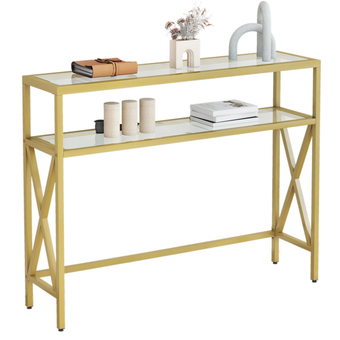 YMYNY Console Table, Tempered Glass Sofa Table, Industrial Entryway Table for Hallway, Narrow Sofa Table with Shelves