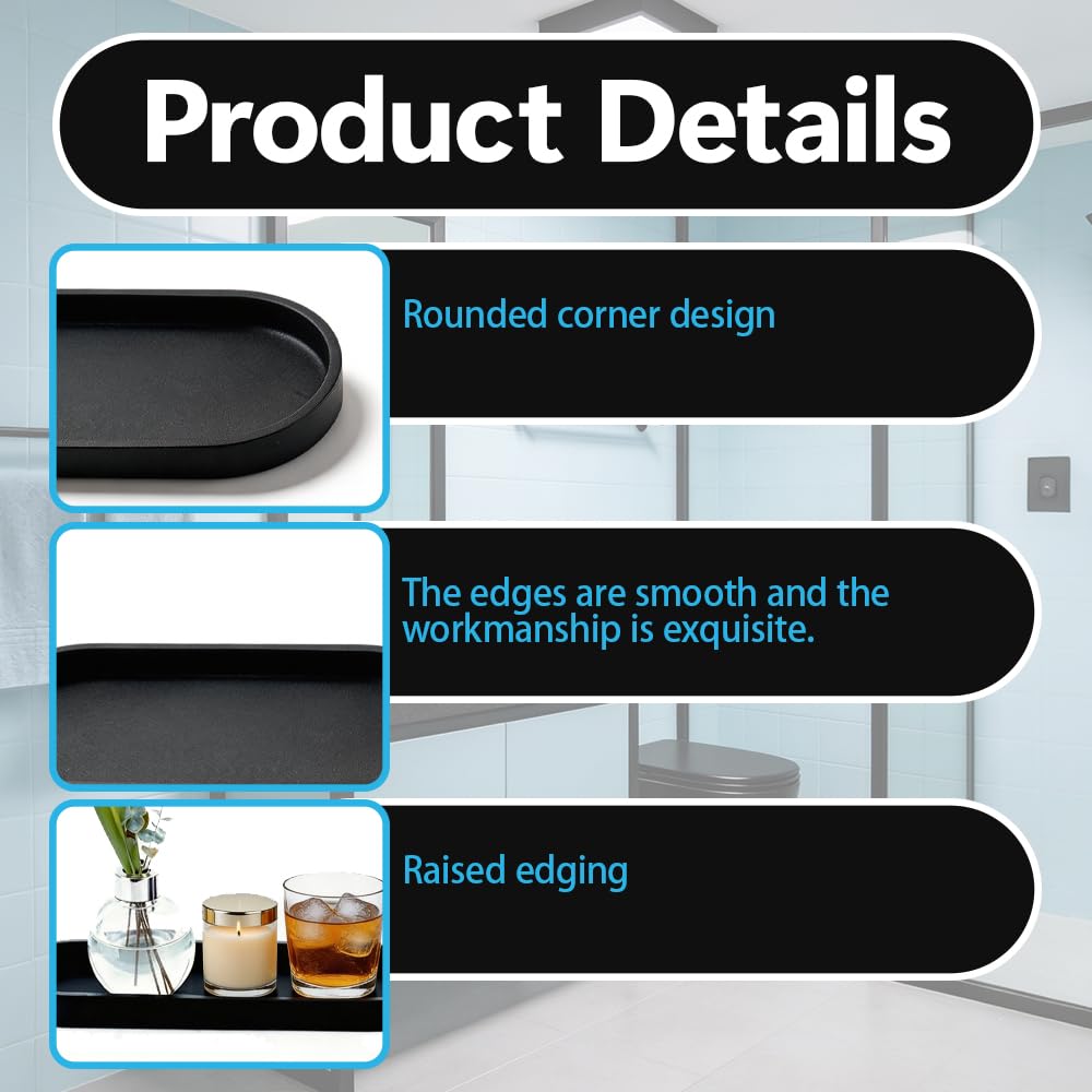 2 Pcs Bathroom Tray, Silicone Black Tray for Perfume, Non-slip Waterproof Oval Storage Soap Trays for Bath Kitchen Toilet Dressing Table Store Rings
