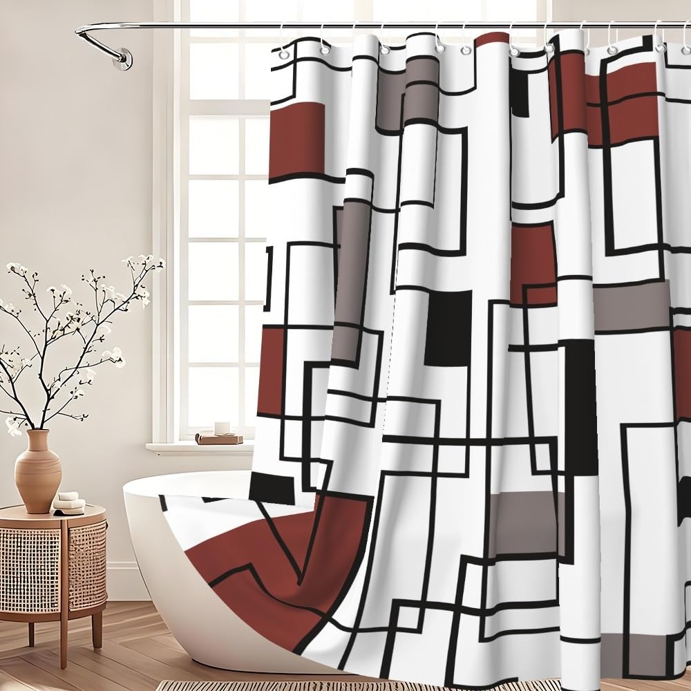 Xiaoterna Geometric Shower Curtain Abstract Red and Black Bathroom Curtain Modern Simplicity Geometric Square Waterproof Machine Washable Shower