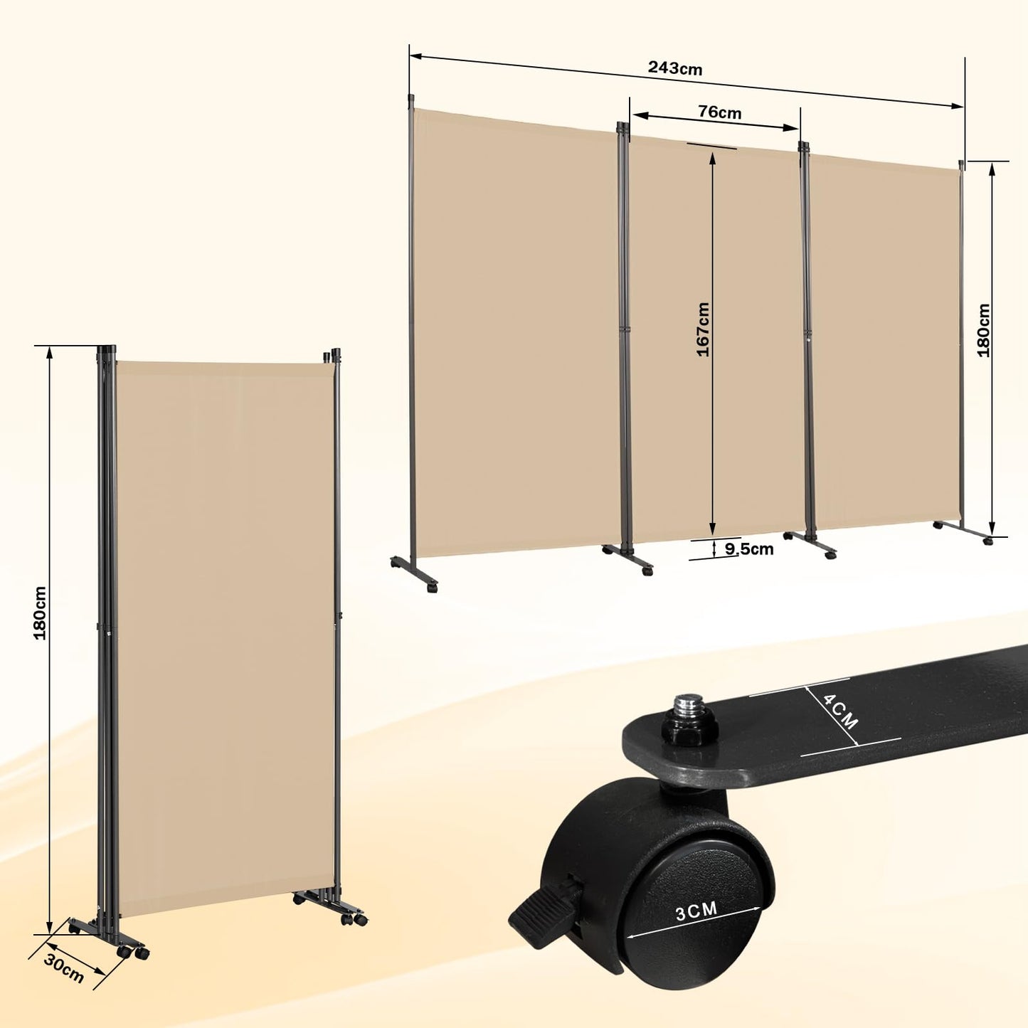 Angel Living 3 Panels Folding Room Divider, Privacy Screen Composed of Polyester Fabric and Sturdy Iron Frame