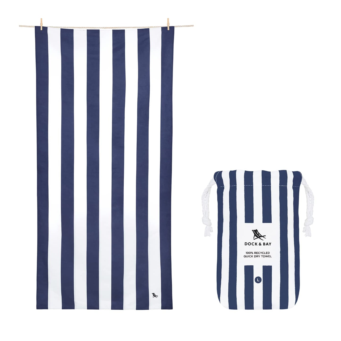 Dock & Bay Beach Towel - Quick Dry, Sand Free - Compact, Lightweight - 100% Recycled - Includes Bag - Cabana - Whitsunday Blue - Large (160x90cm,