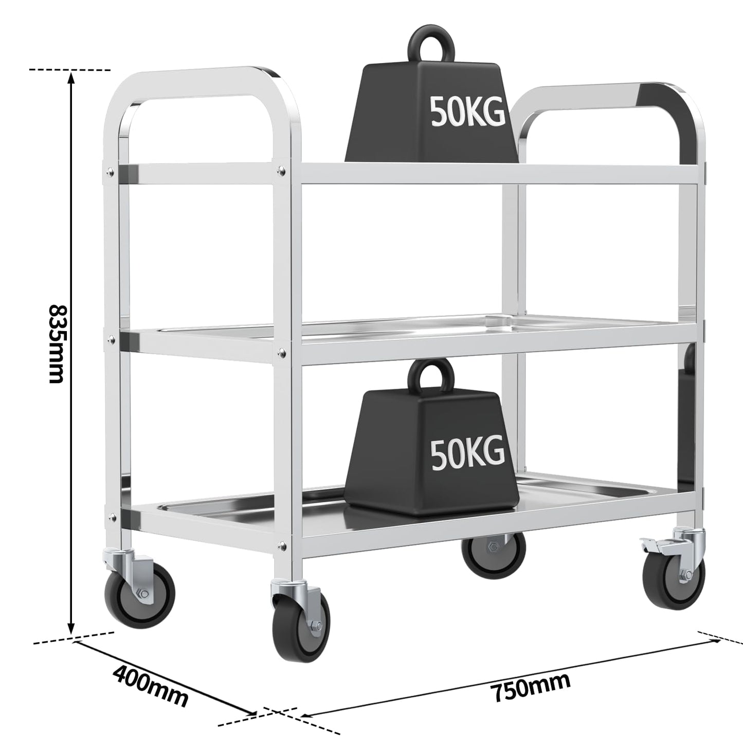 TAIMIKO Stainless Steel Utility Cart 3-Tier Kitchen Trolley Serving Trolley
