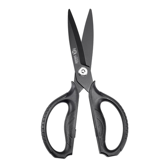 MITSUMOTO SAKARI Japanese Kitchen Scissors All Purpose, Black Titanium Plated Heavy Duty Kitchen Scissors, Multipurpose Cooking and Herb Scissors,