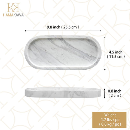 HAMAKAWA Oval Bathroom Vanity Tray, Large Natural Marble Tray 25cm / 10 inch, Volakas White Stone Soap Trays, Modern Perfume Trays