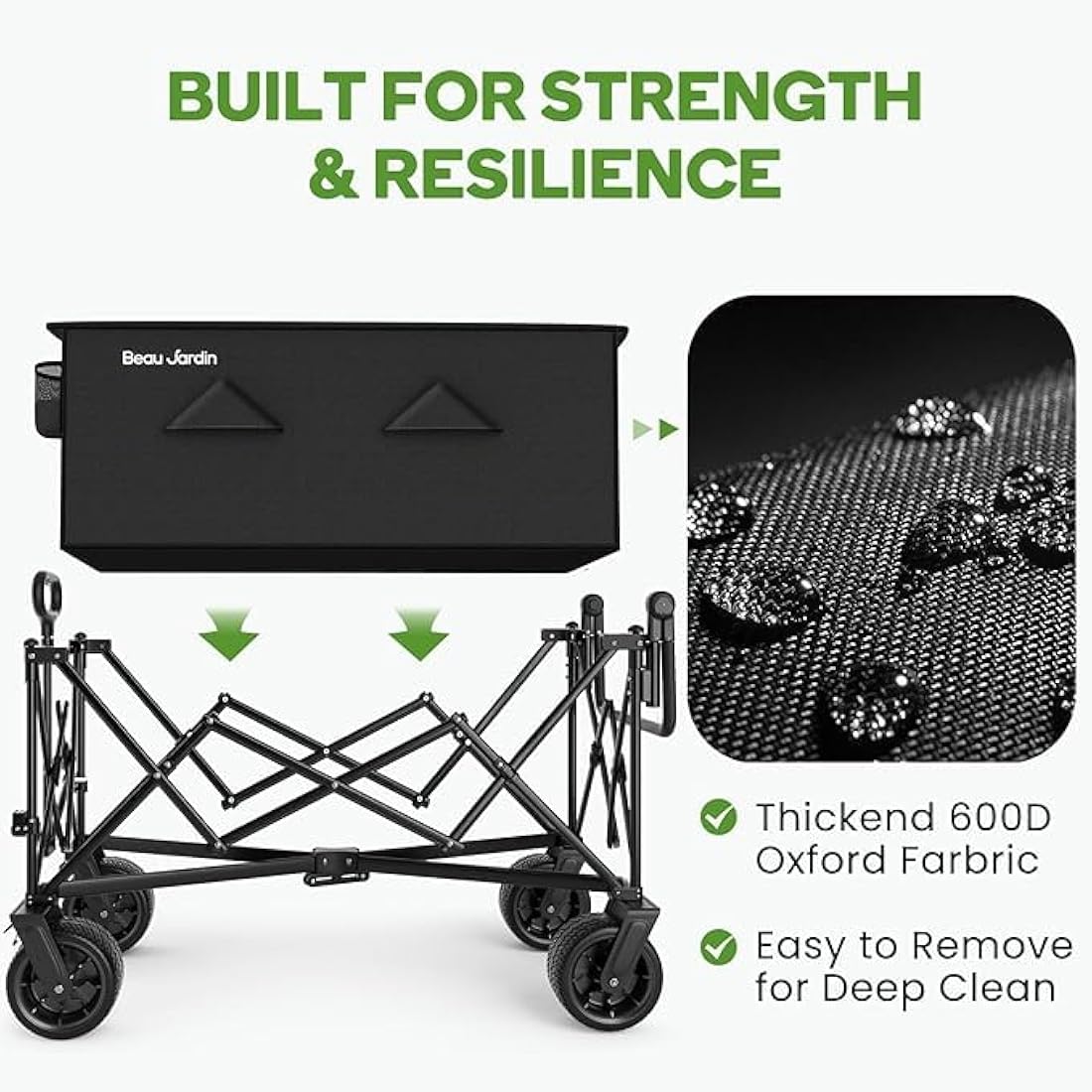 BEAU JARDIN XXL Festival Trolley Beach Cart - 220L 230KG(500LBS) Heavy Duty Folding Wagon All-Terrain Utility Wide Wheels for Camping & Shopping | Push & Pull Handle | Portable Collapsible | Black