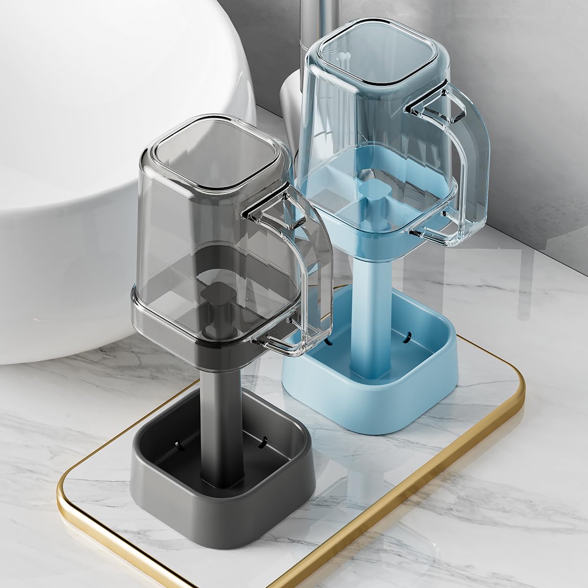 PP Material Bathroom Toothbrush Holder Toothpaste Holder Stand with PS Material Mouthwash Cup Bathroom Accessories Organizer (Black)
