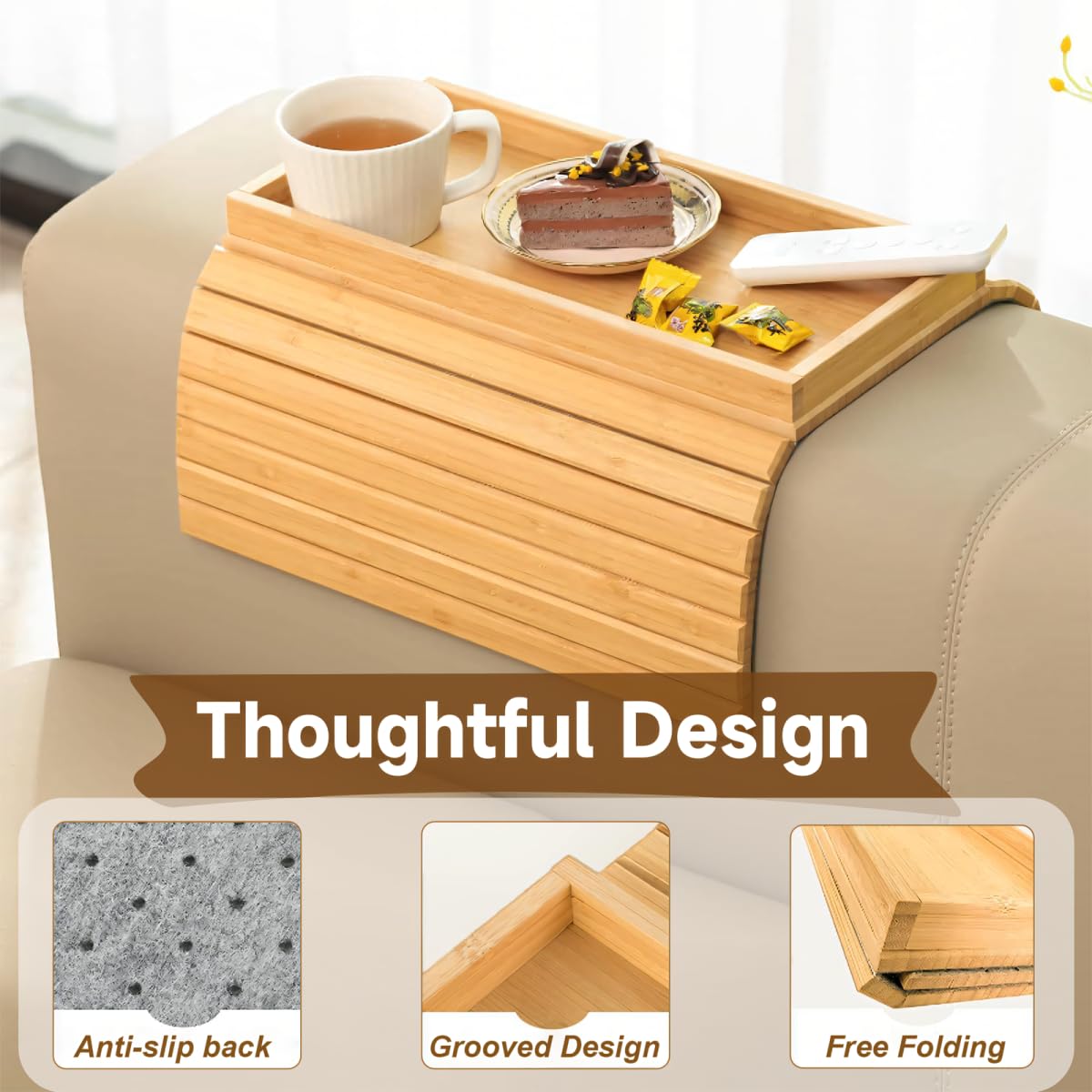 Hovoto Natural Bamboo Sofa Arm Tray, Sofatablett, Sofa Tray Table for Couch, Faltbarer Anti Rutsch Couch Arm Tisch, Sofa Side Table for Snacks
