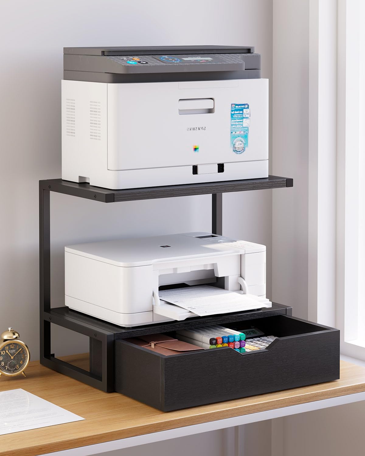 IBUYKE 2 Tier Desktop Printer Stand,Printer Table with Storage Shelf,Multi-Purpose Desk Organizer for Folders,Books,for Fax Machine