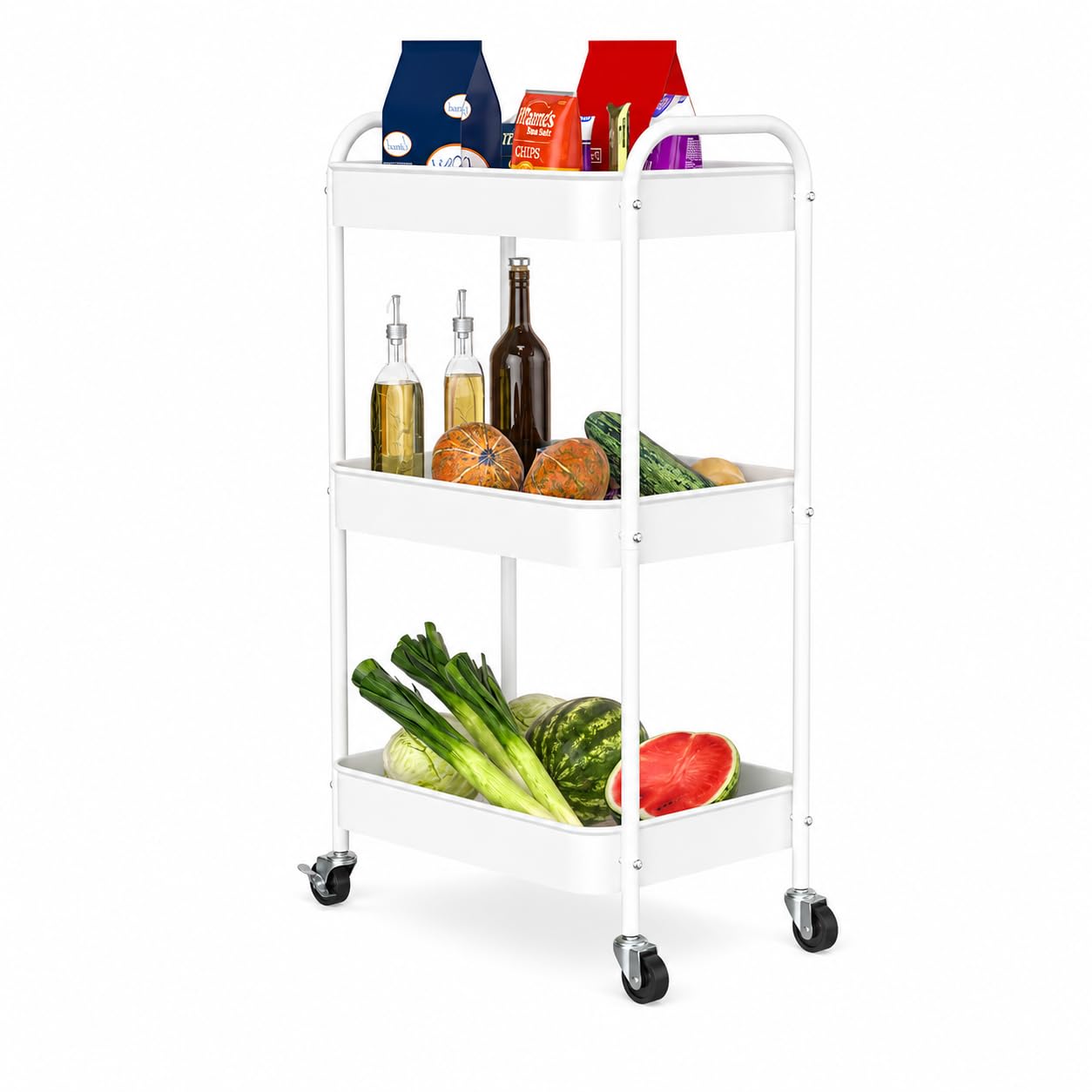 PNVXNUS 3-Tier Rolling Cart, Metal Utility Storage Carts with Wheels,White
