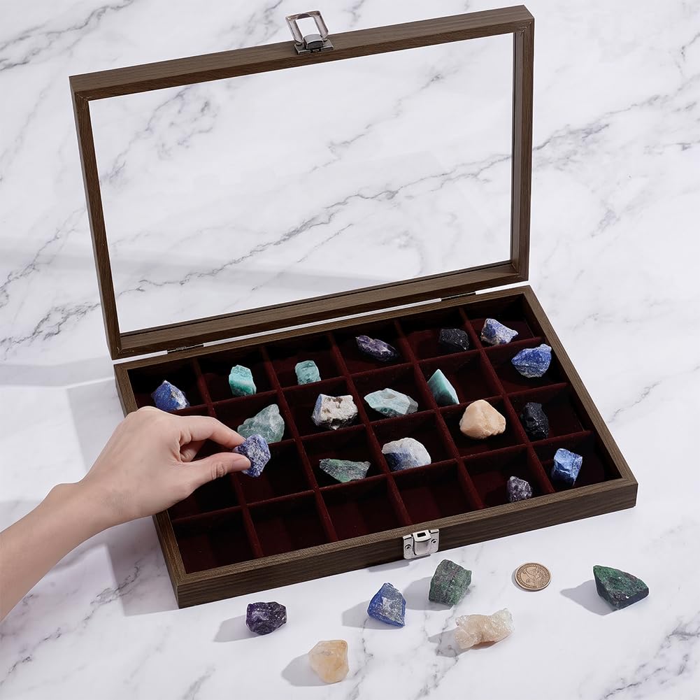NBEADS 24 Grids Rock Collection Box, Wooden Display Cases for Raw Rock Crystal Collection Box with Shelves for Stones Collectibles Gemstone Crystals