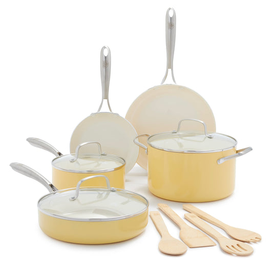 GreenLife Artizan Healthy Ceramic Non-Stick 12-Piece Cookware Pots and Pan Set, Stainless Steel Handle, PFAS-Free, Induction, Oven Safe, Yellow