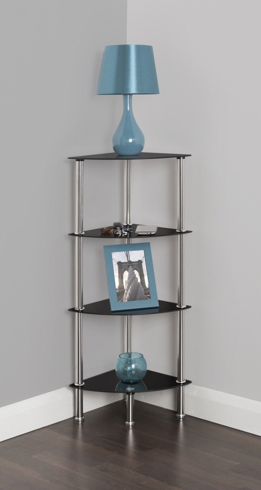 mahara 4 Tier Chrome Effect Black Corner Glass Shelving Unit - Tempered Safety Glass Shelves Max 5kg - Storage Unit W41cm x D30cm x H86.5cm