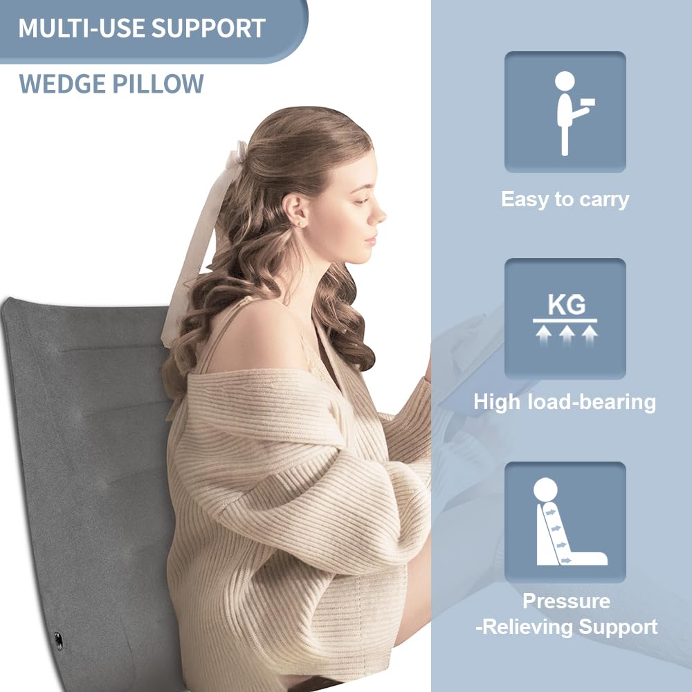 Nevife Inflatable Wedge Pillow - Versatile for Bed & Travel (Grey)