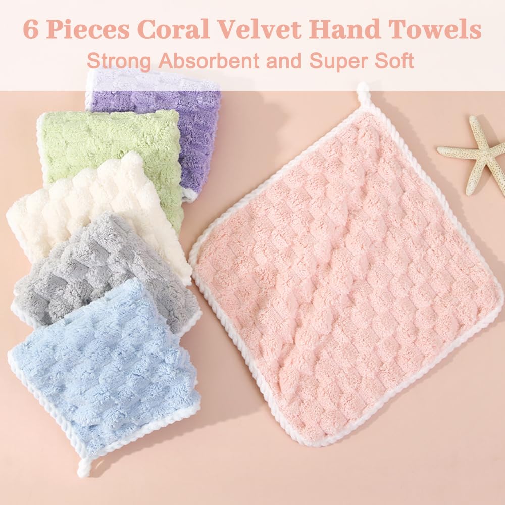 BOJVESH 6Pcs Hanging Hand Dry Towels, Square Microfiber Hand Towels with Hanging Loop, Super Absorbent Soft Small Hanging Towel