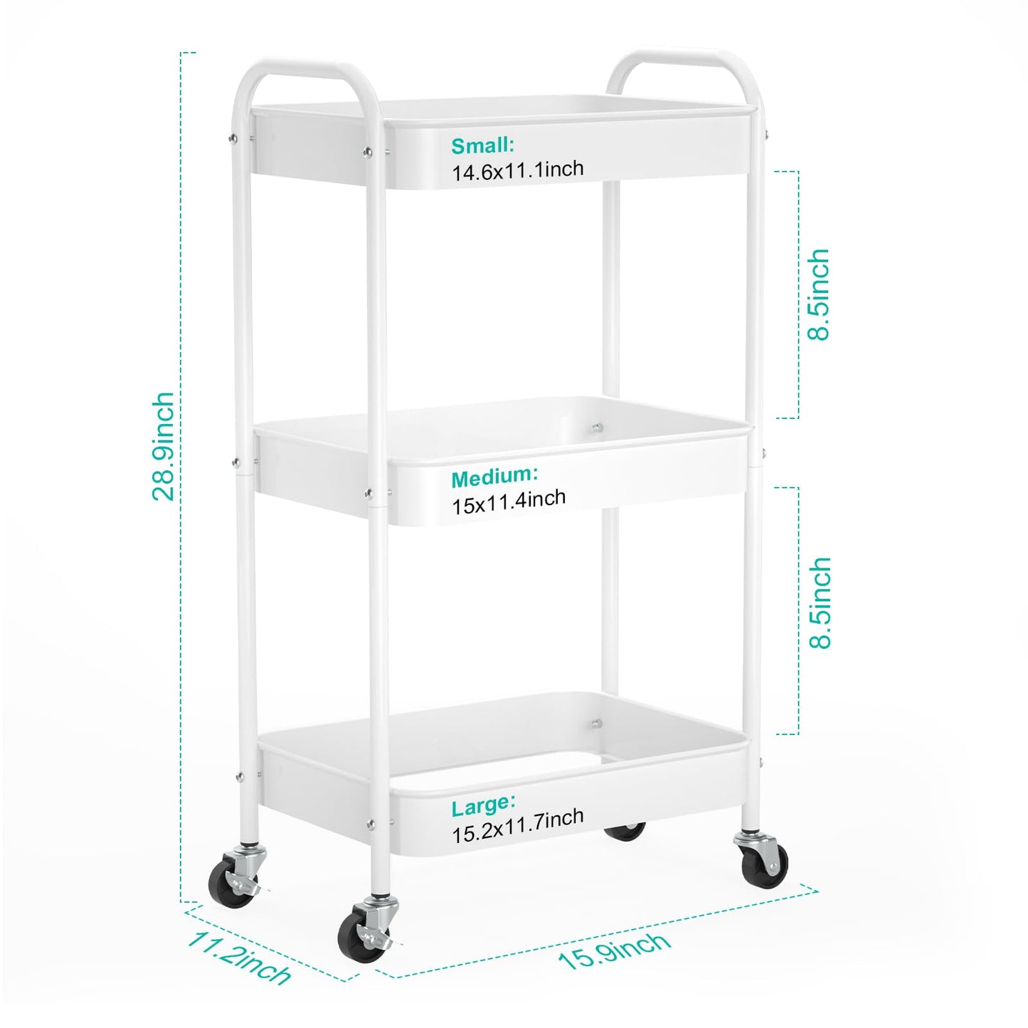 PNVXNUS 3-Tier Rolling Cart, Metal Utility Storage Carts with Wheels,White