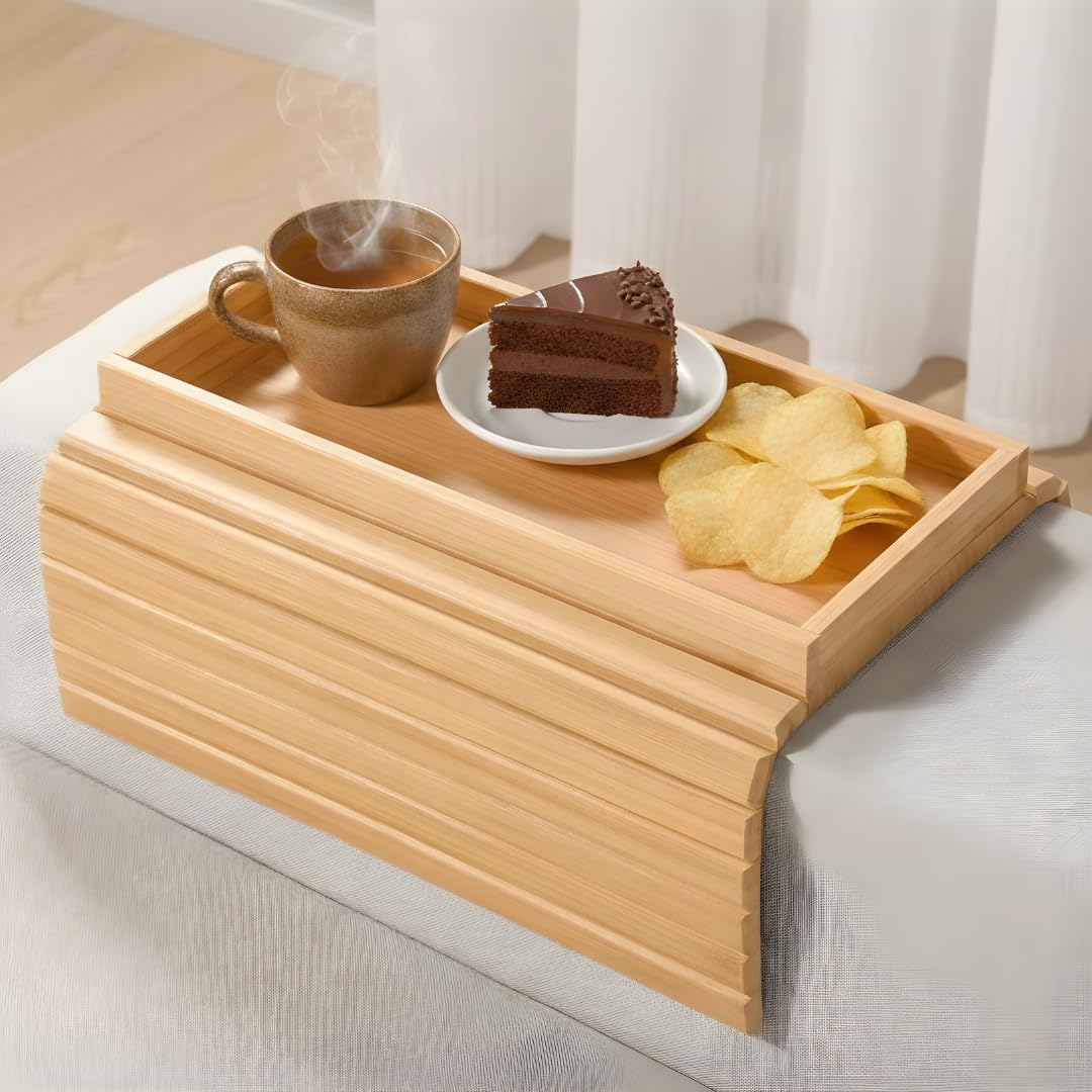 Bamboo Couch Arm Tray Table, Large Sofa Armrest Tray with Raised Edges, Anti-Slip Foldable Couch Cup Holder, Armrest Organizer for Drinks, Snacks