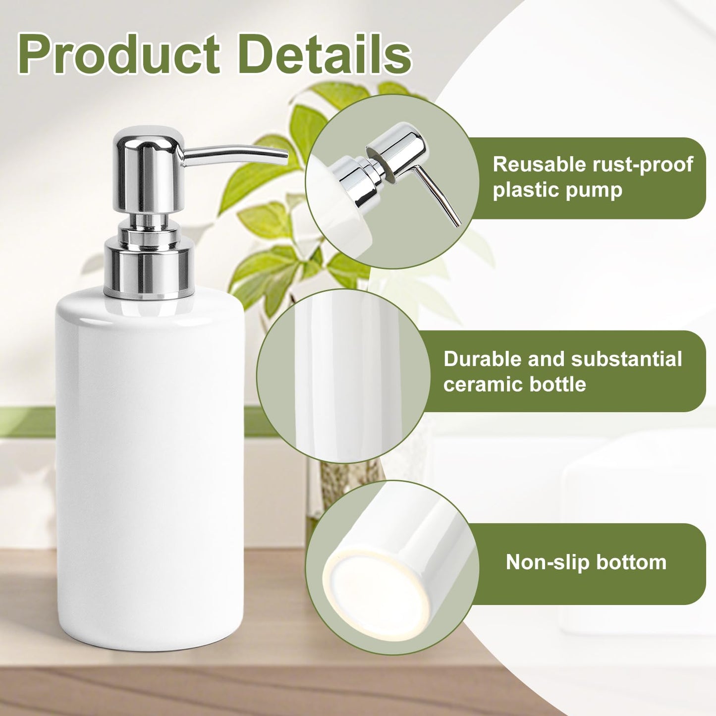 2Pcs Soap Dispenser,300ml Ceramic Cylindrical Bottle with Long Spout – Rustproof Pump, Refillable, Sturdy – Versatile for Shampoo, Lotion, Bath Milk