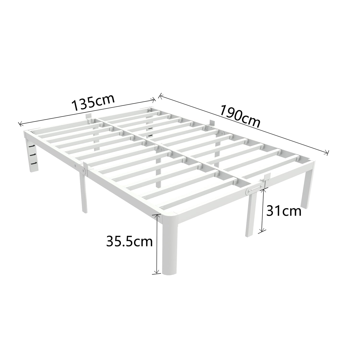 KVLKBV Double Bed Frame 135 x 190 cm, White Bed Frame with Metal Anti-slip Gasket and Large Storage Space Under Bed - Suitable for Bedroom