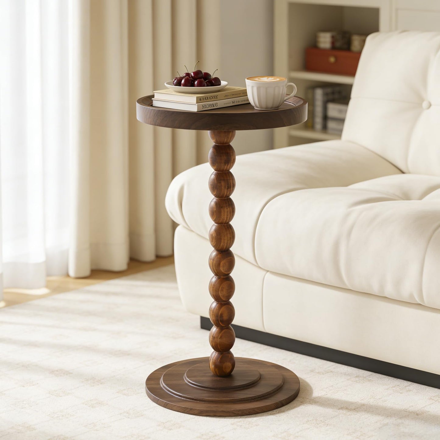 Simcat Round Side Table Bamboo Joint Design, Small Round Coffee Table for Small Spaces with Solid Wood Leg for Living Room, Bedroom, Corners