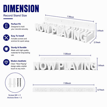 WPESI Now Playing Vinyl Record Stand, Wall Mount Display for Albums - Hanging Record Storage Holder White