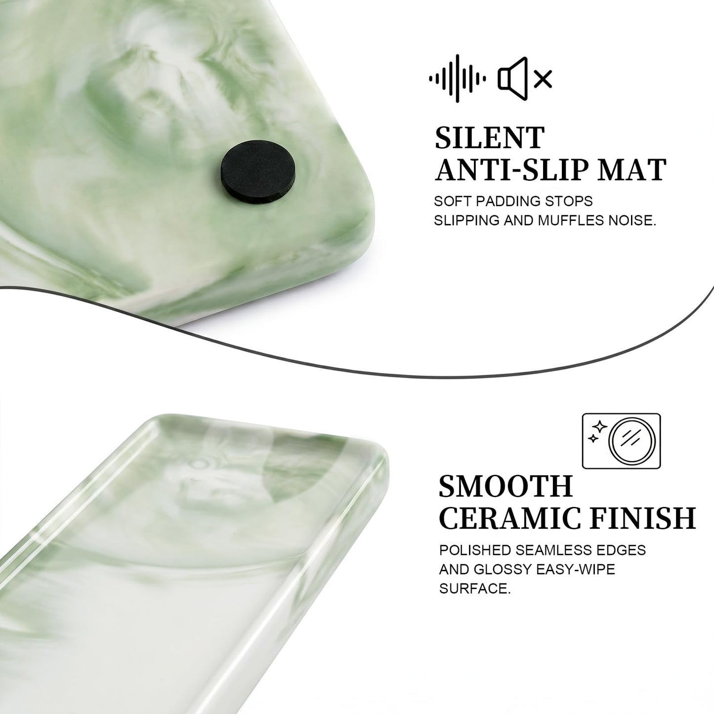 Green Marble Pattern Ceramic Vanity Tray,20.5x9.5x1.2cm Perfume & Jewelry Dish,Rectangular Countertop Organiser for Bathroom,Vanity