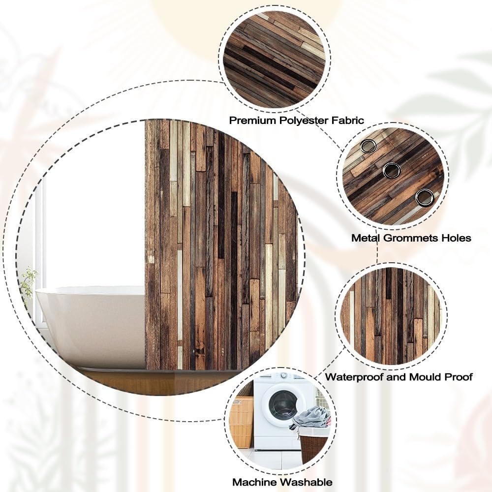 Xiaoterna Vintage Wooden Board Shower Curtain Brown Old Wood Plank Textured Waterproof Bathroom Curtain Retro Western Country Farmhouse Barn Home