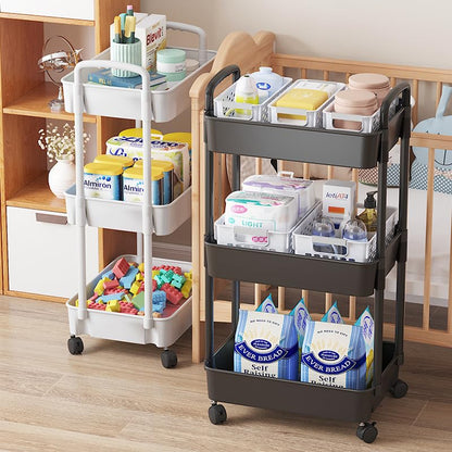 Multibao 3 Tier Storage Trolley Cart on Wheels Plastic Mobile Rolling Trolley For Kitchen Bathroom Laundry Rolling Rack 27D x 39W x 73H CM White