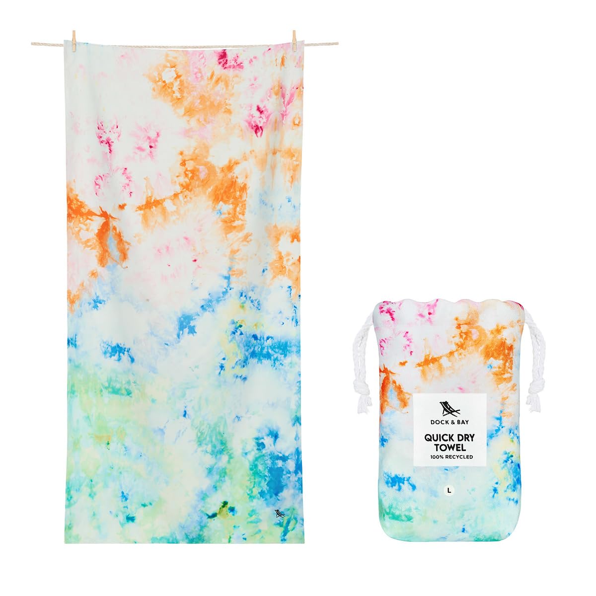 Dock & Bay Beach Towel - Quick Dry, Sand Free - Compact, Lightweight - 100% Recycled - Includes Bag - Sunset Splash, Extra Large (200x90cm, 78x35)