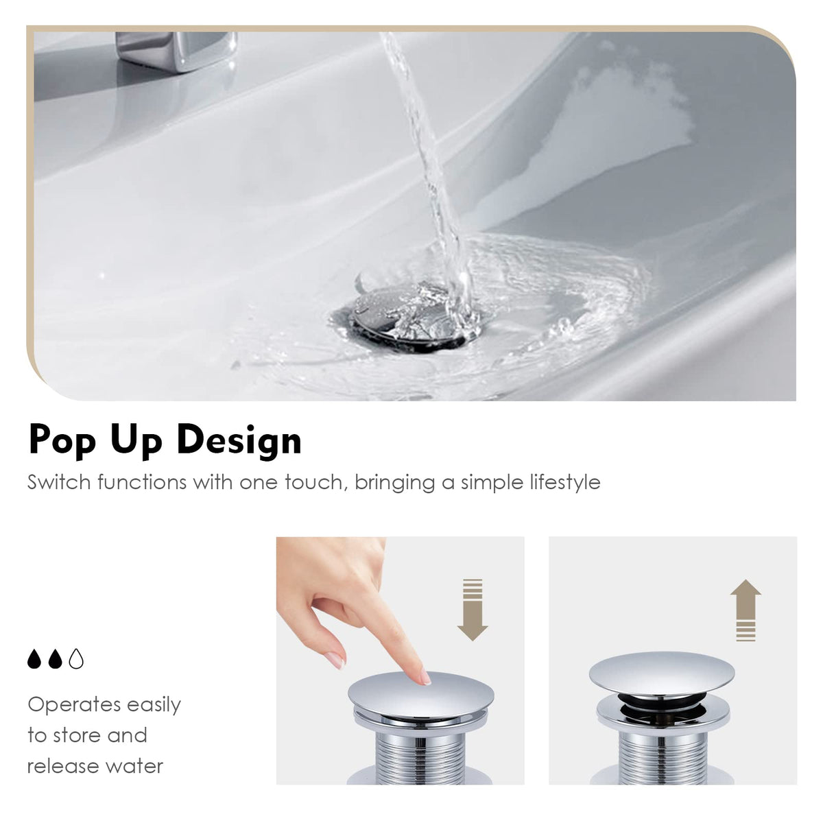 Peppermint Basin Sink Waste Unslotted Click Clack Waste Plug Without Overflow for Bathroom Sink, Brass Pop Up Sprung Plug Waste, Chrome