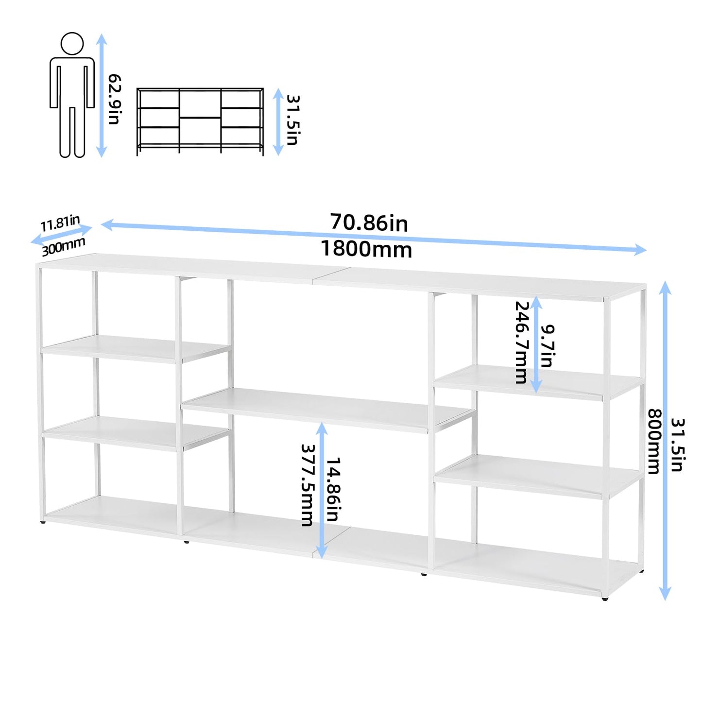 HDANI 180cm Extra Long Sofa Console Table,Narrow Modern Entryway Table Behind Couch with Storage Shelves,4 tier Shelf Bookshelf for Living
