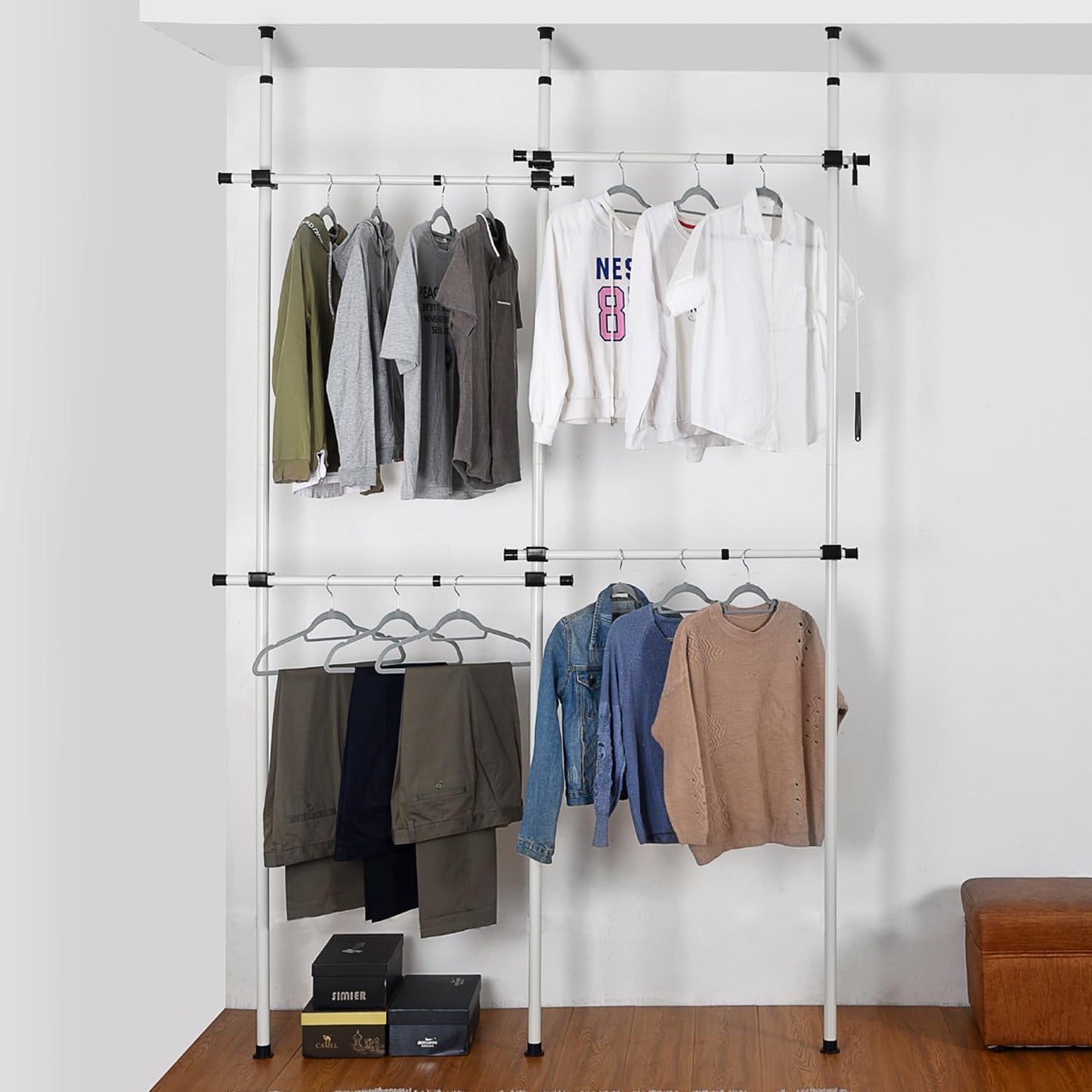 House of Home Heavy Duty Double Telescopic Clothes Rail - Rail Wardrobe Replacement - Adjustable Shelving Rack - Clothes Storage & Organiser for