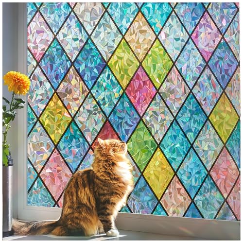 Beautysaid Rainbow Privacy Window Film: Stained Glass, No-Glue Frosted Window Film, Static Cling Film (Multicolor, 60x400cm