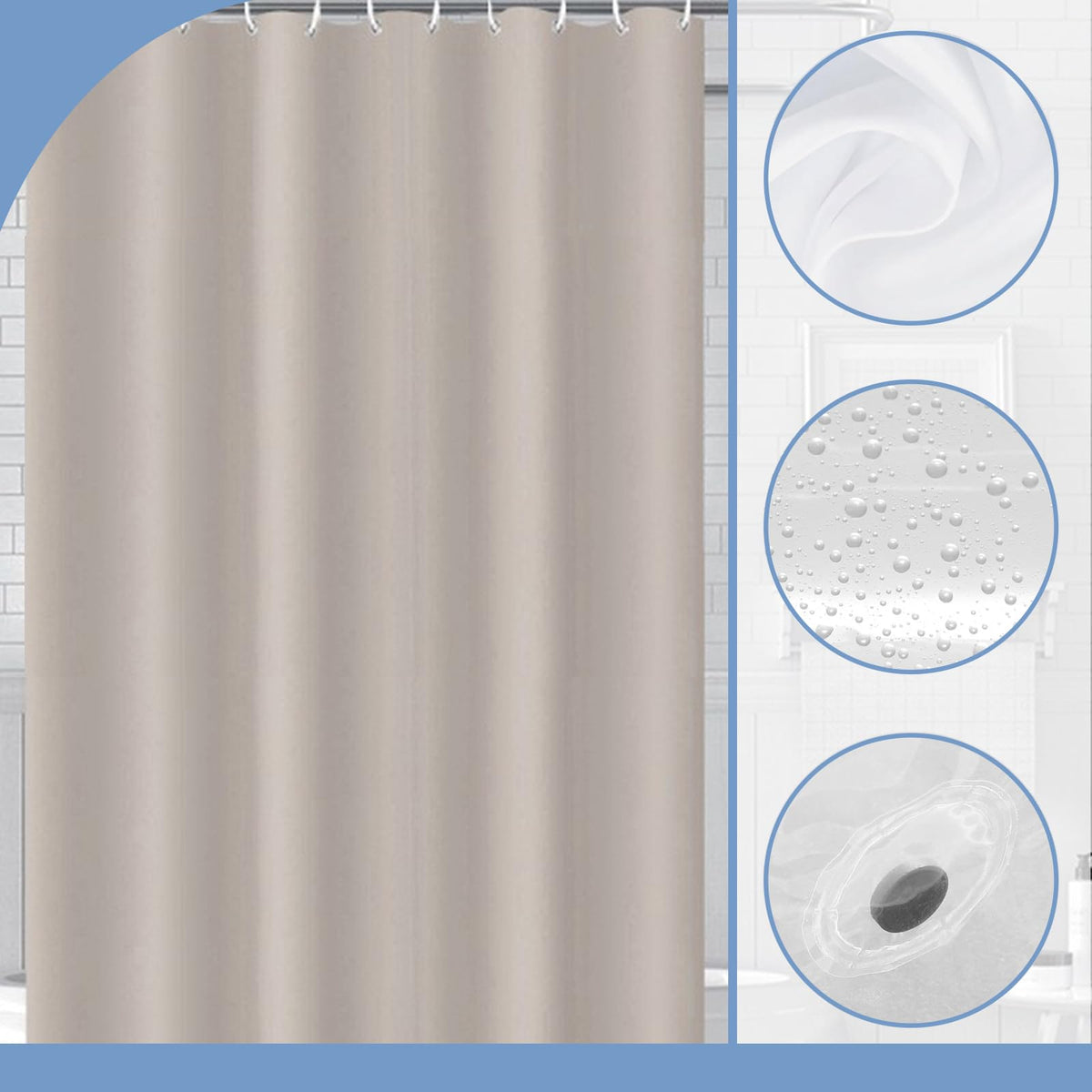COSORO PEVA Shower Curtain 180x180cm,Heavy Duty Plastic Beige Weighted Shower Curtains Mould Proof Resistant Waterproof Bath Curtains with 12 Hooks