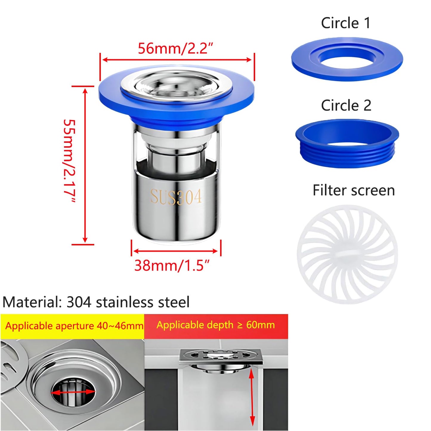 Qrity 1 PCS Shower Floor Drain 304 Stainless Steel Odor Proof Floor Drain Core, Drain protector, Floor Drain Backflow Preventer, 38mm