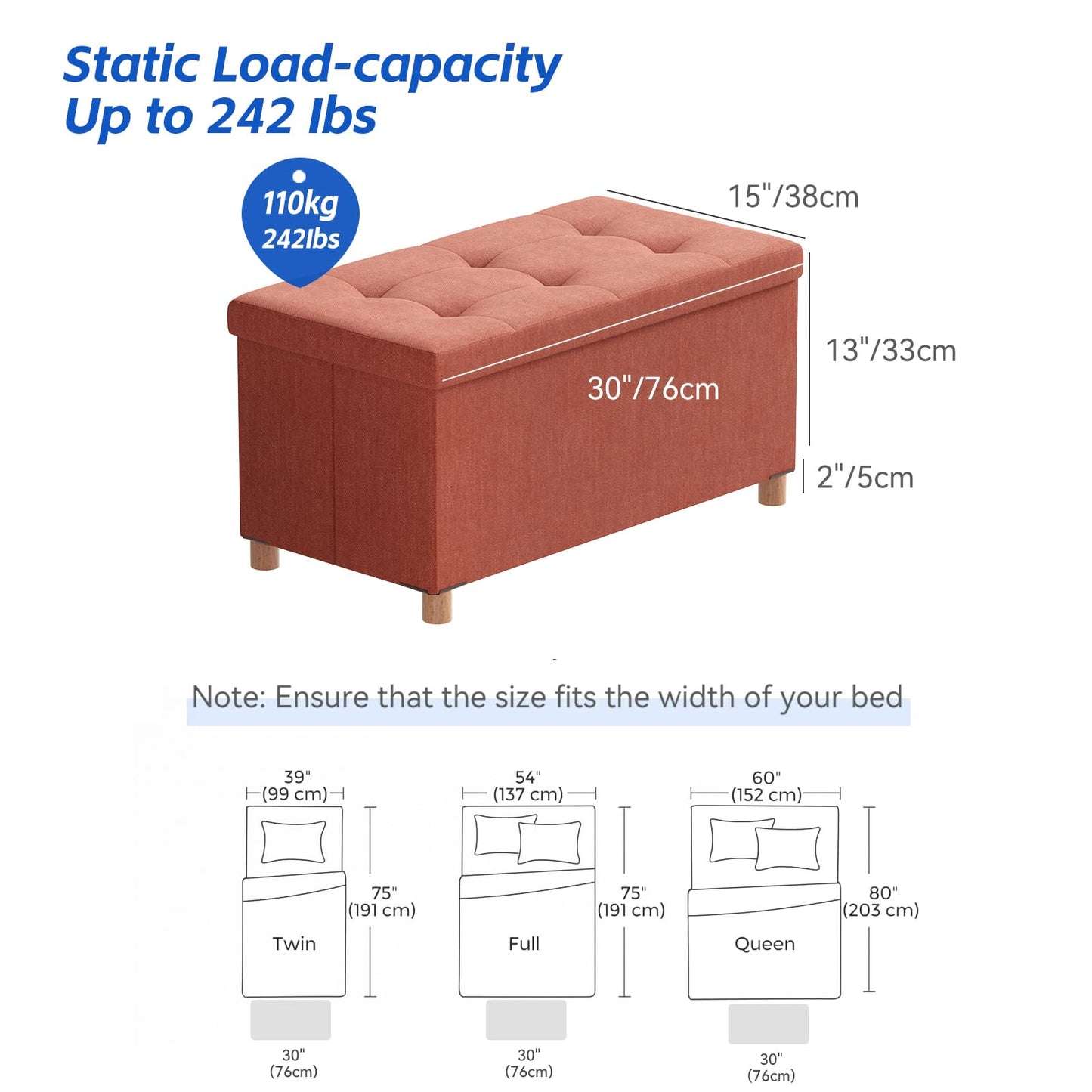 BRIAN & DANY Ottoman Storage Box with 4 Wood Legs, Linen Storage Ottoman for Living Room, Orange, 76 x 38 x 38 cm