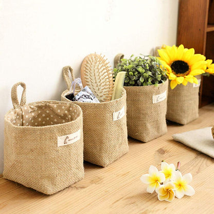 Feelfly 4 PCS Mini Hanging Storage Bags, Cotton Linen Small Storage Basket Wall Hanging Organizer Box Wall Mounted Storage Pocket Collapsible Decor