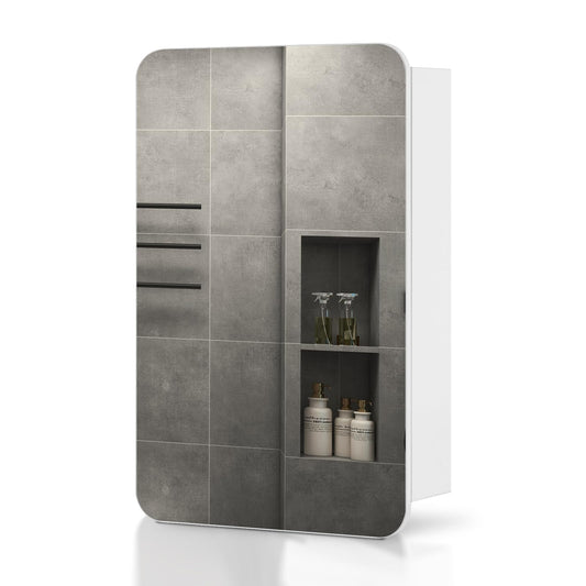 TUKAILAi Single Door Bathroom Mirror Cabinet, 50 x 70cm White Wall Mounted Cabinet with Storage Shelf 1 Round Corner Mirror Storage Cabinet for