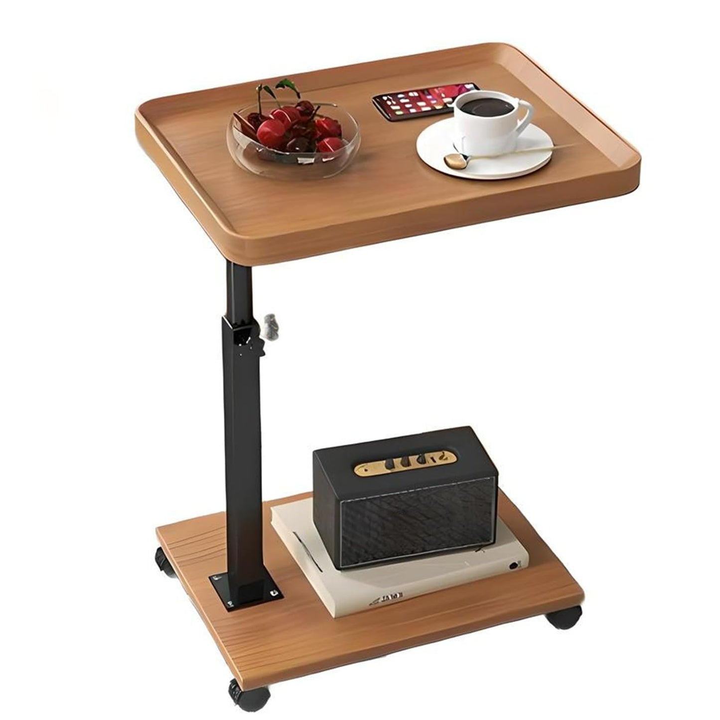 YYW C Shaped Side Table, Height Adjustable Bedside Table with Wheels, 360°Swivel Sofa End Tables, Wooden Coffee End Table for Living Room Bedroom