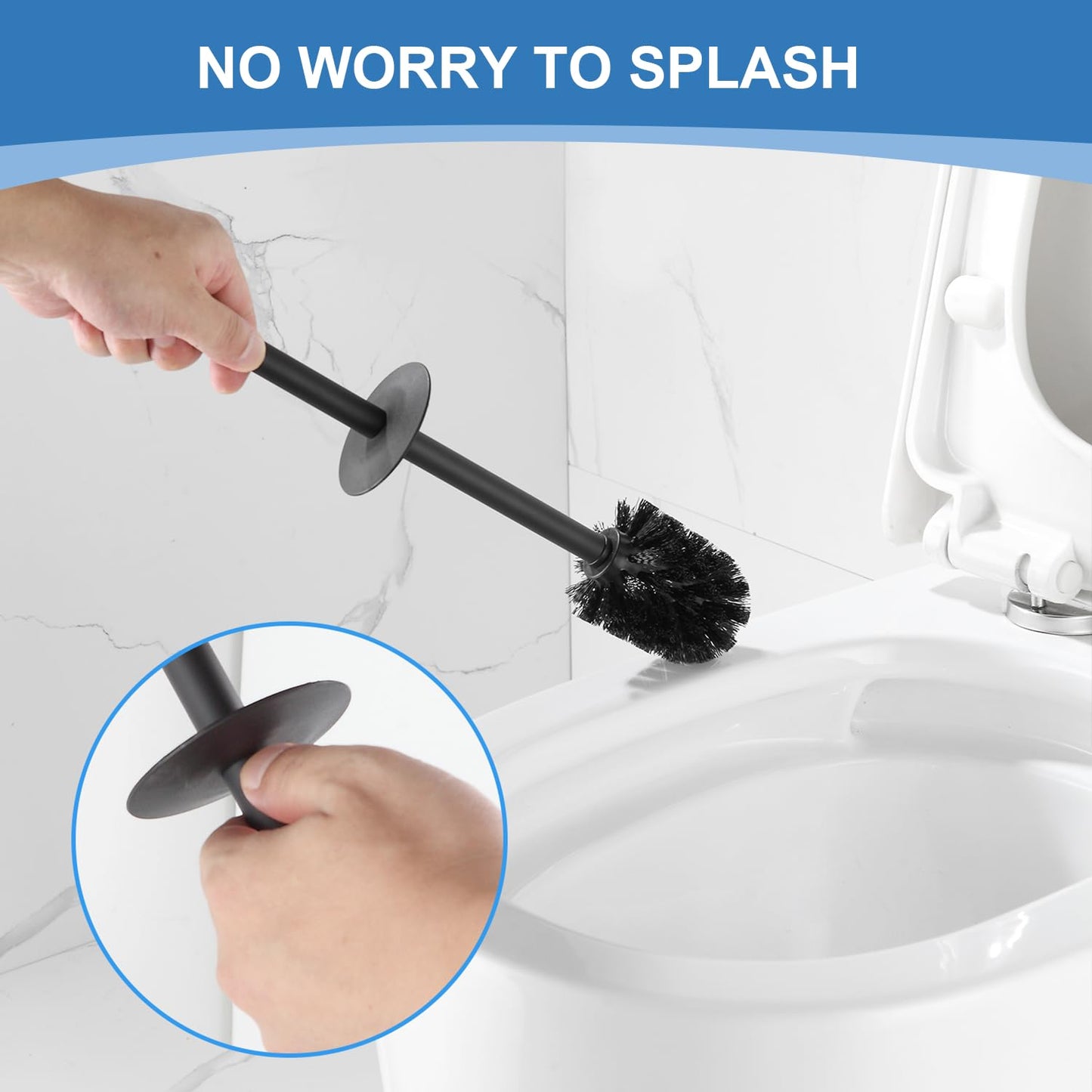 BGL Toilet Brush and Holder, Silicone Toilet Brush Holder 2 Brush Heads, Aluminum Square Loo Brush for Bathroom Cleaning, Toilet Brushes (Matte Black)
