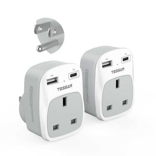 UK to US Plug Adapter 2 Pack, TESSAN UK to US Travel Adaptor with 2 USB (1 USB C), 3 in 1 Grounded Plug Adapter, Travel Essentials for USA, Canada,