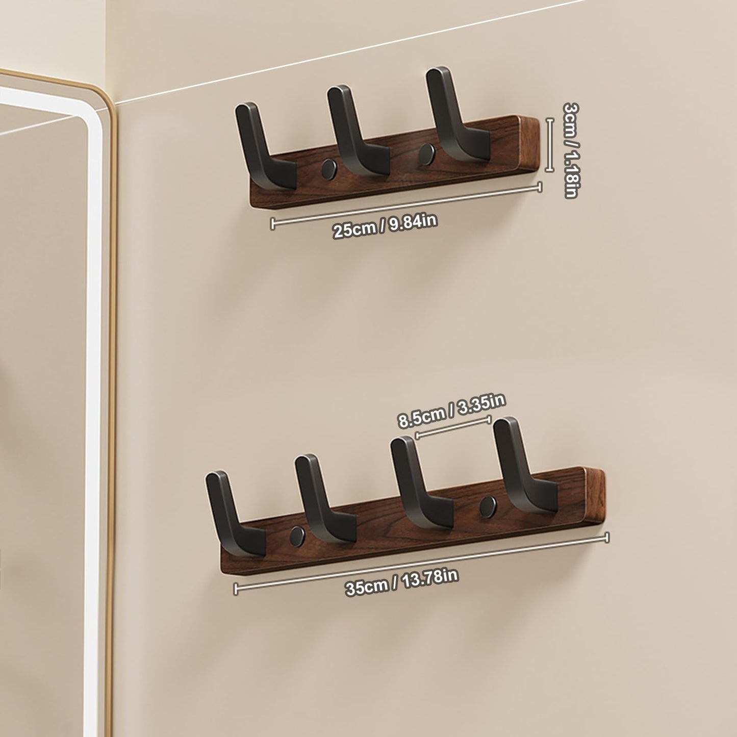 Lxoraziy Wall-Mounted Coat Rack - Walnut Coat Rack Hook, Heavy Duty Wooden Wall Coat Hanger with 3 Coat Hooks for Hanging Coats, Hats, Clothing