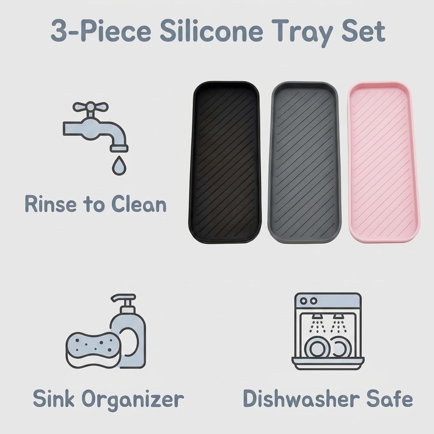 3pcs Sink Tray, Multi-Use Sponge Holder for Kitchen and Bathroom Countertops, Non-Slip Soap Dish, Tray and Utensil Organiser