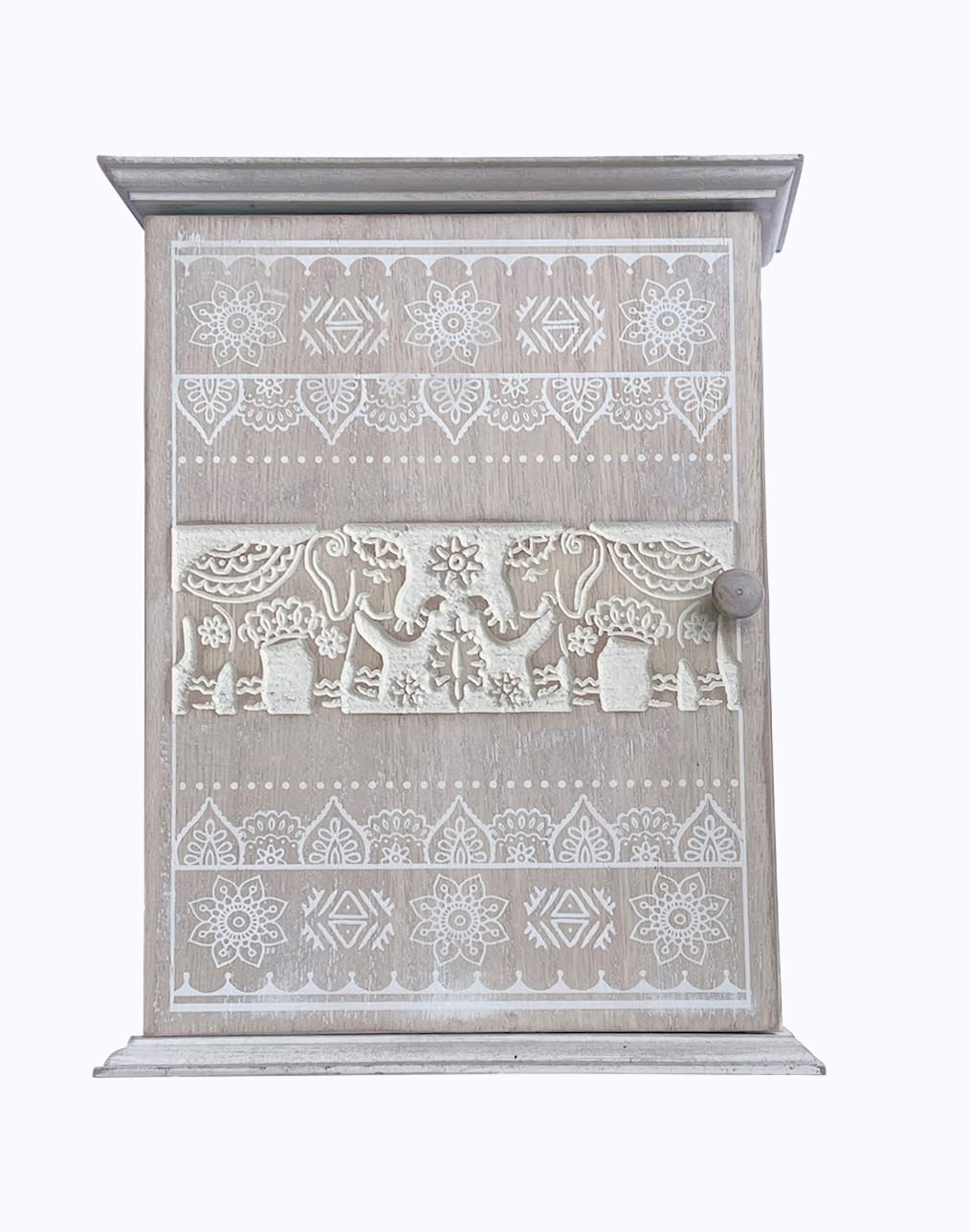 GreyZouq Wooden Key Cabinet Wall Mounted, Elephant Carving Design, Key Holder for Wall with 6 Hooks, Decorative Key Organiser, Magnetic Door Closure